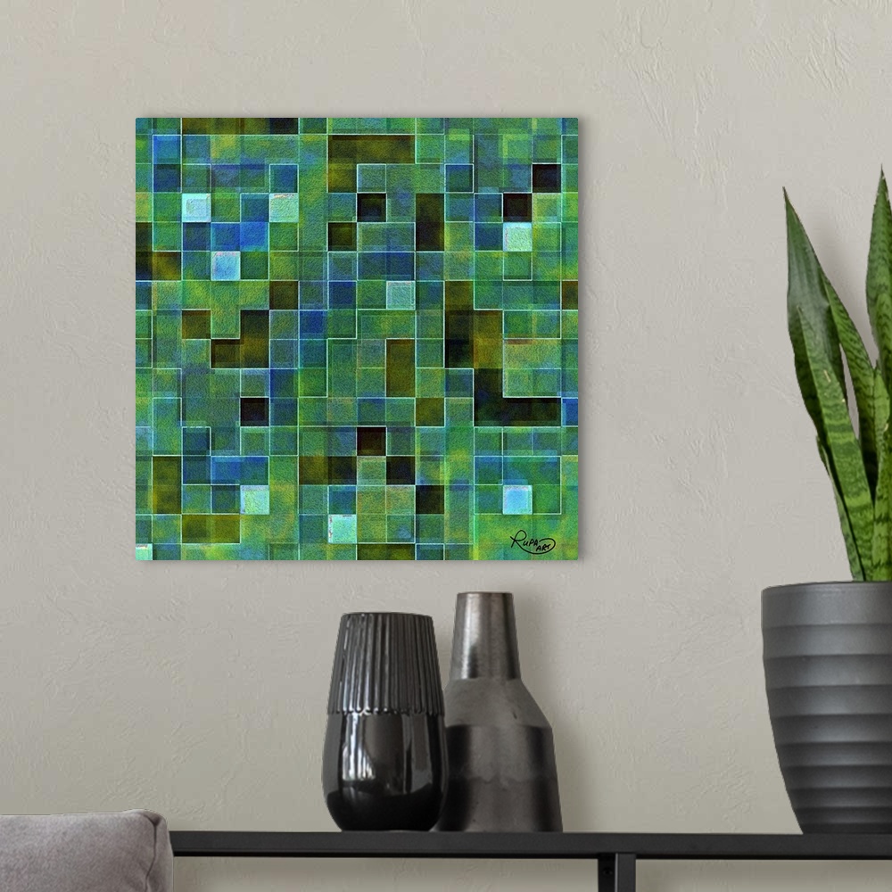 A modern room featuring Square abstract art that is made up of green and blue toned squares filled with color creating a ...
