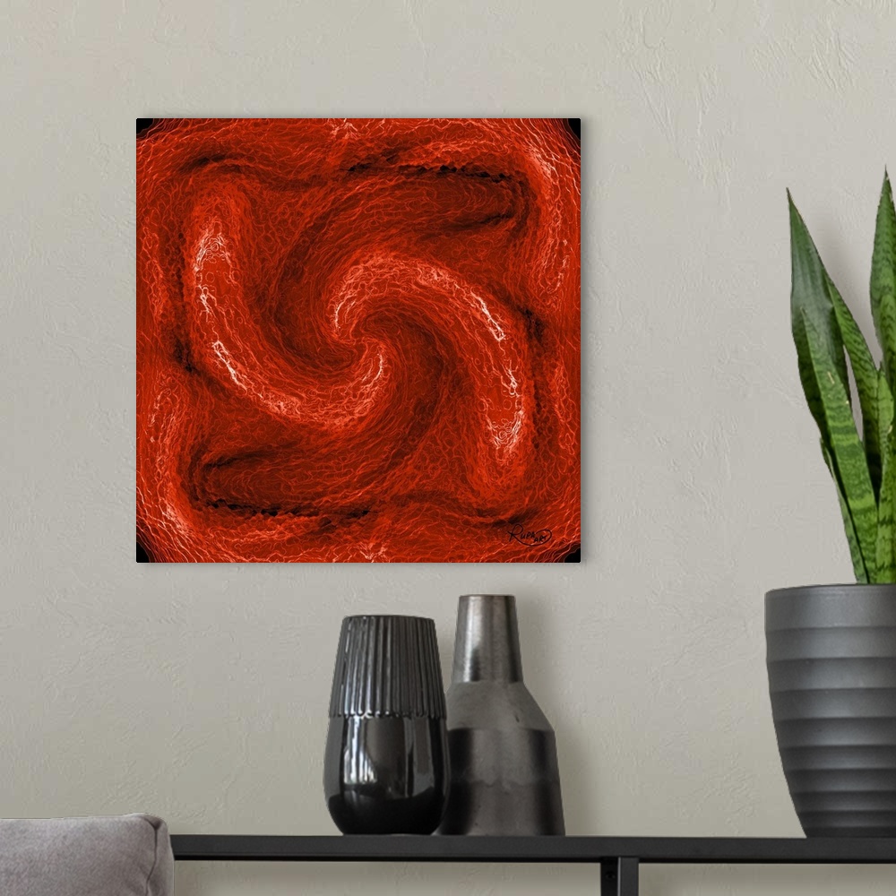 A modern room featuring Contemporary digital artwork of twisting waves of deep red color.