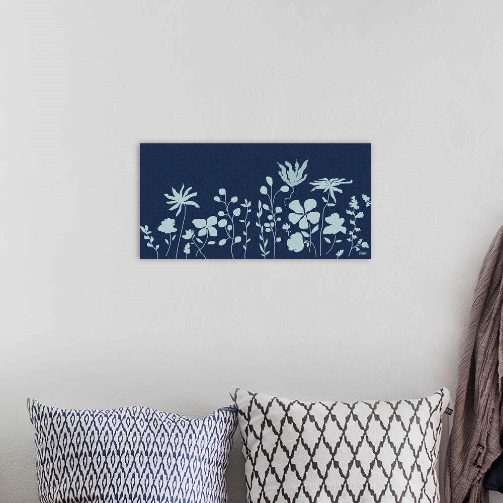 A bohemian room featuring Stylized Floral With Back Pattern Blue