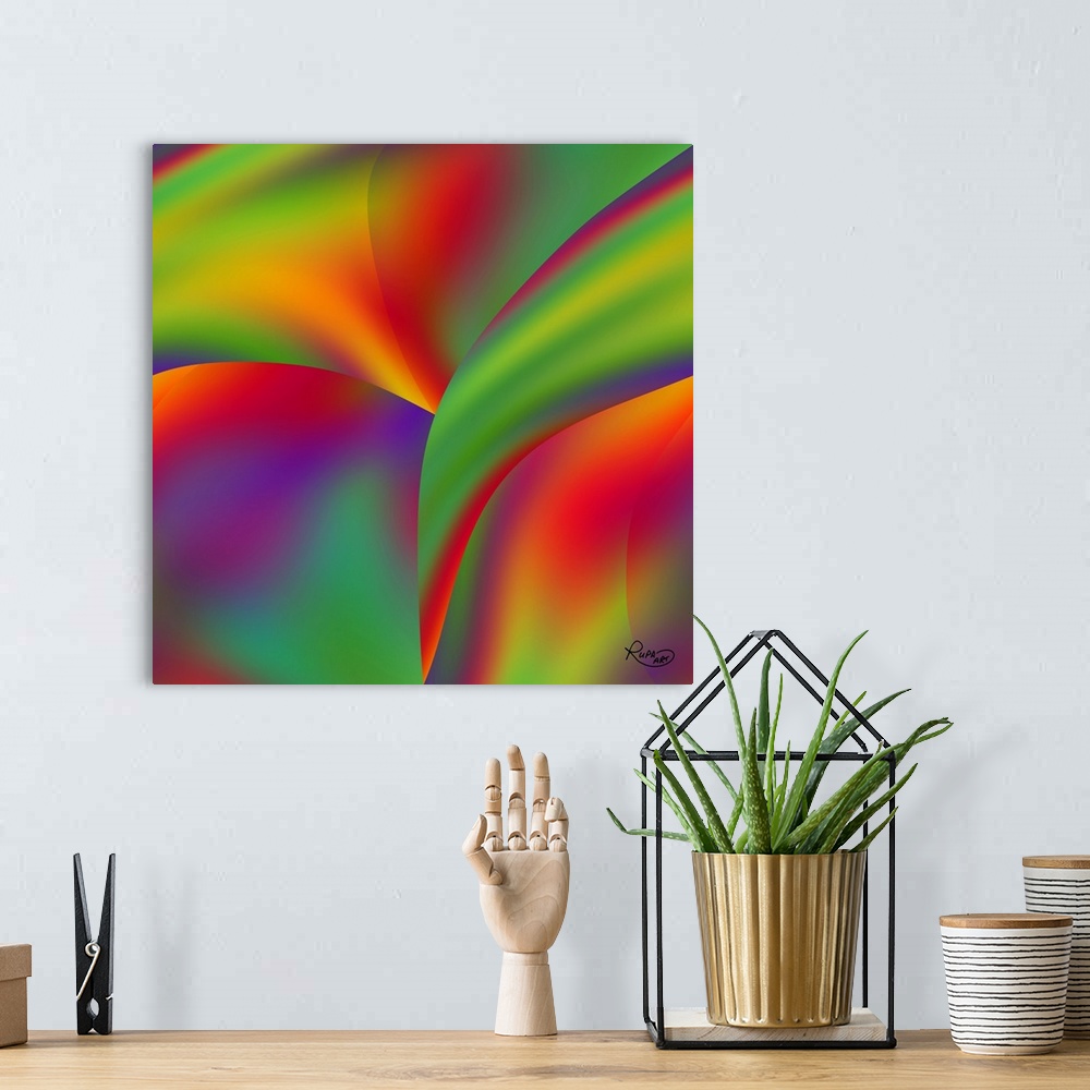 A bohemian room featuring Square abstract art with angles of bright gradient color patterns.