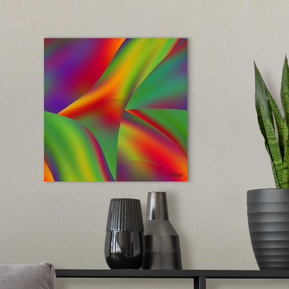 A modern room featuring Square abstract art with angles of bright gradient color patterns.