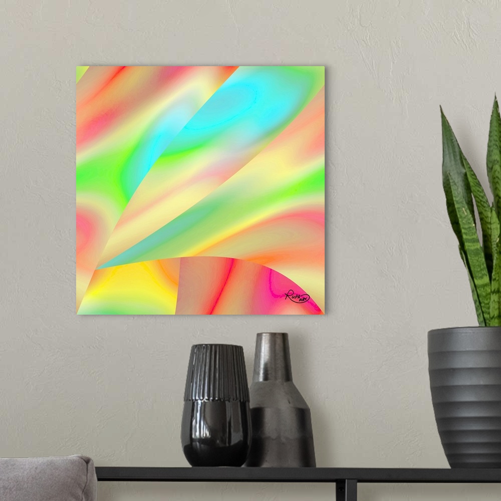 A modern room featuring Square abstract art with angles of pastel gradient color patterns.