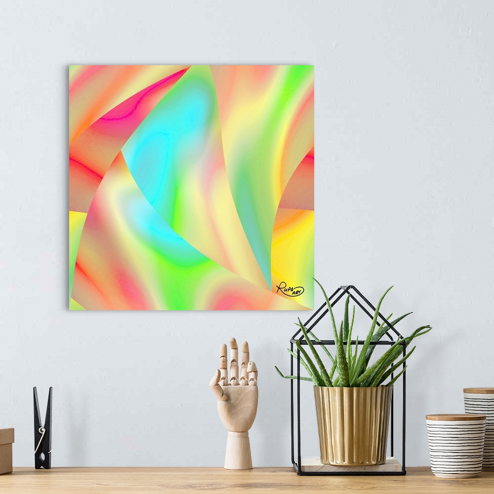 A bohemian room featuring Square abstract art with angles of pastel gradient color patterns.