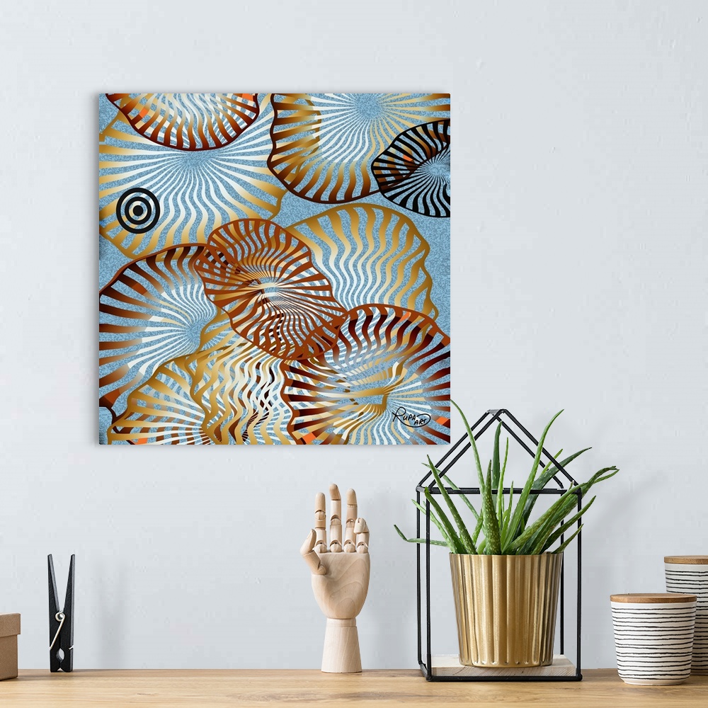 A bohemian room featuring Digital contemporary painting of organic white and brown striped shapes, resembling sea shells.