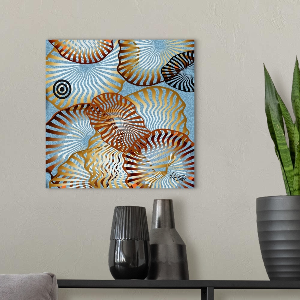 A modern room featuring Digital contemporary painting of organic white and brown striped shapes, resembling sea shells.