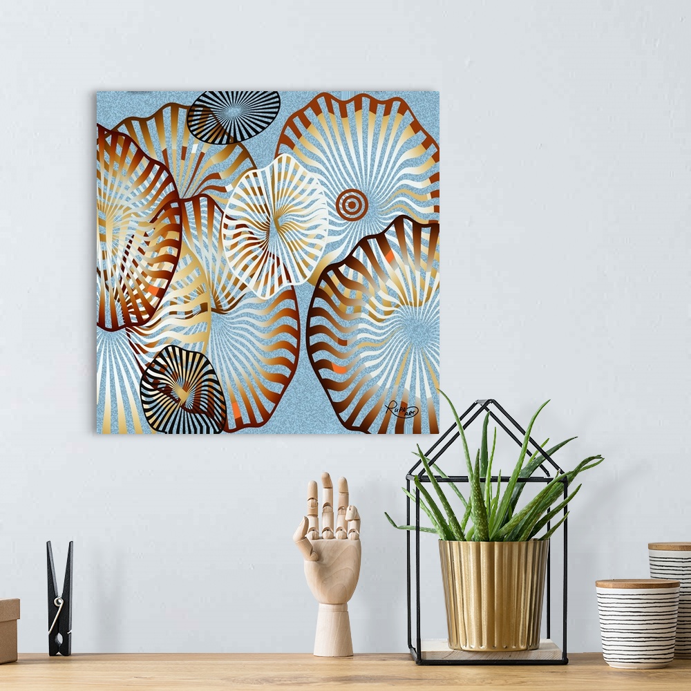 A bohemian room featuring Digital contemporary painting of organic white and brown striped shapes, resembling sea shells.