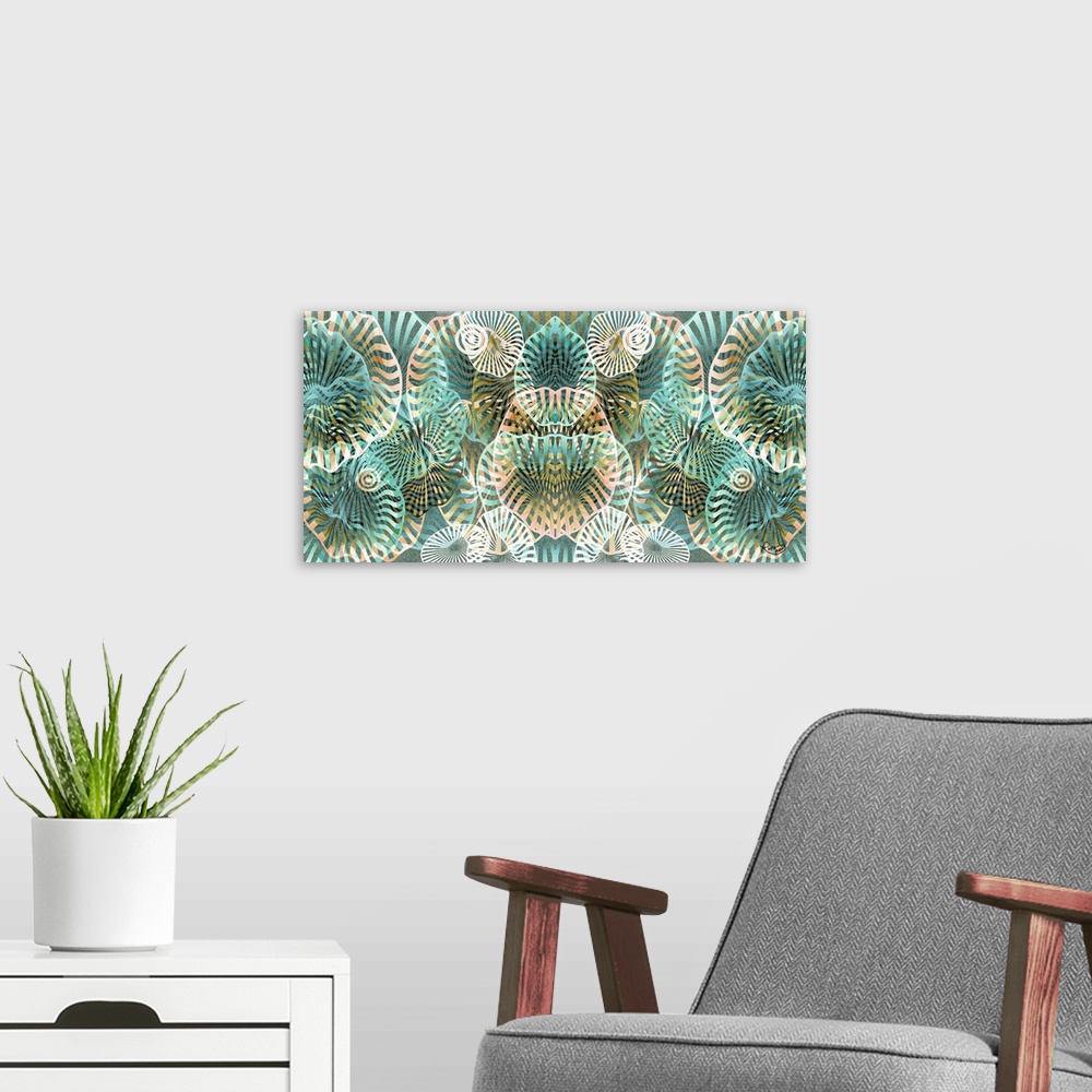 A modern room featuring Contemporary digital artwork of striped organic shapes in pale orange and sea green.