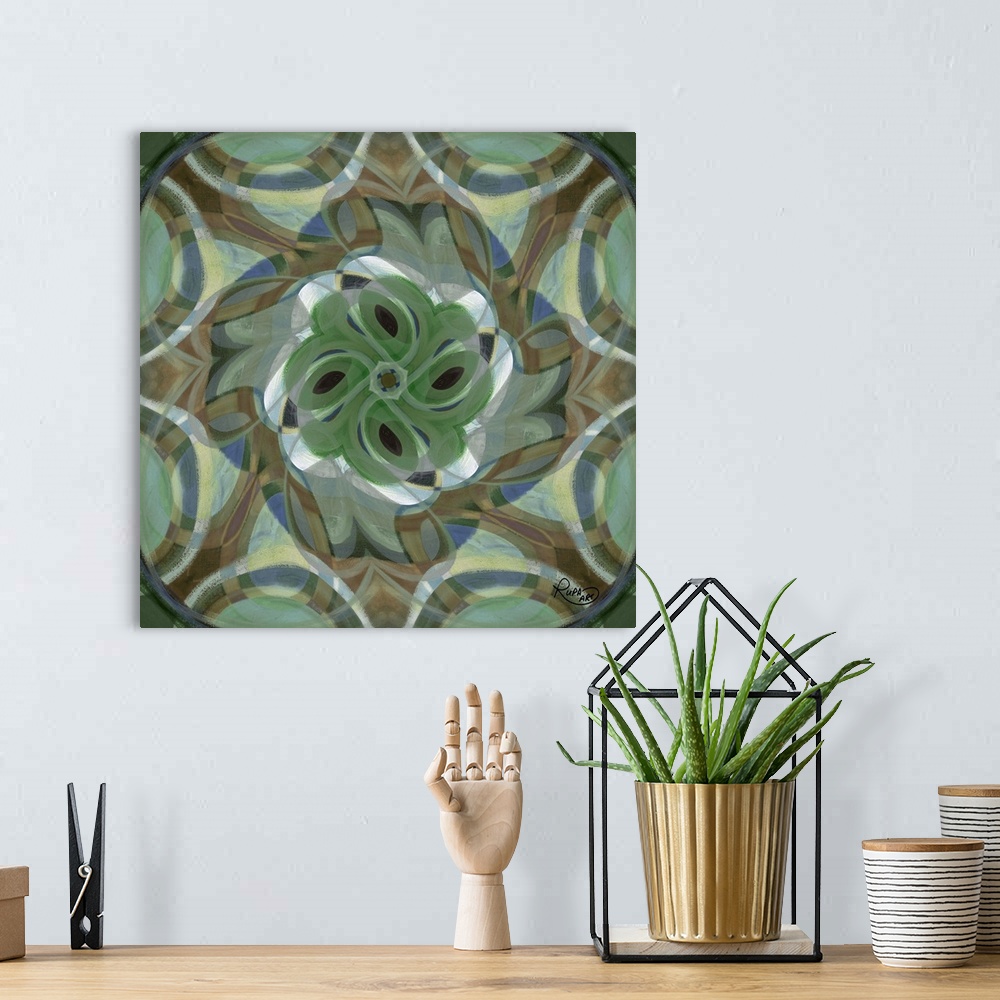 A bohemian room featuring Square abstract painting in a spirograph design in shades of green and brown.