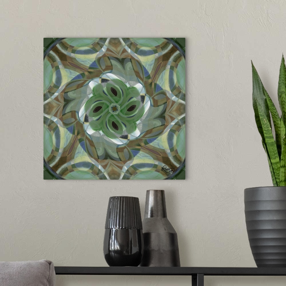 A modern room featuring Square abstract painting in a spirograph design in shades of green and brown.