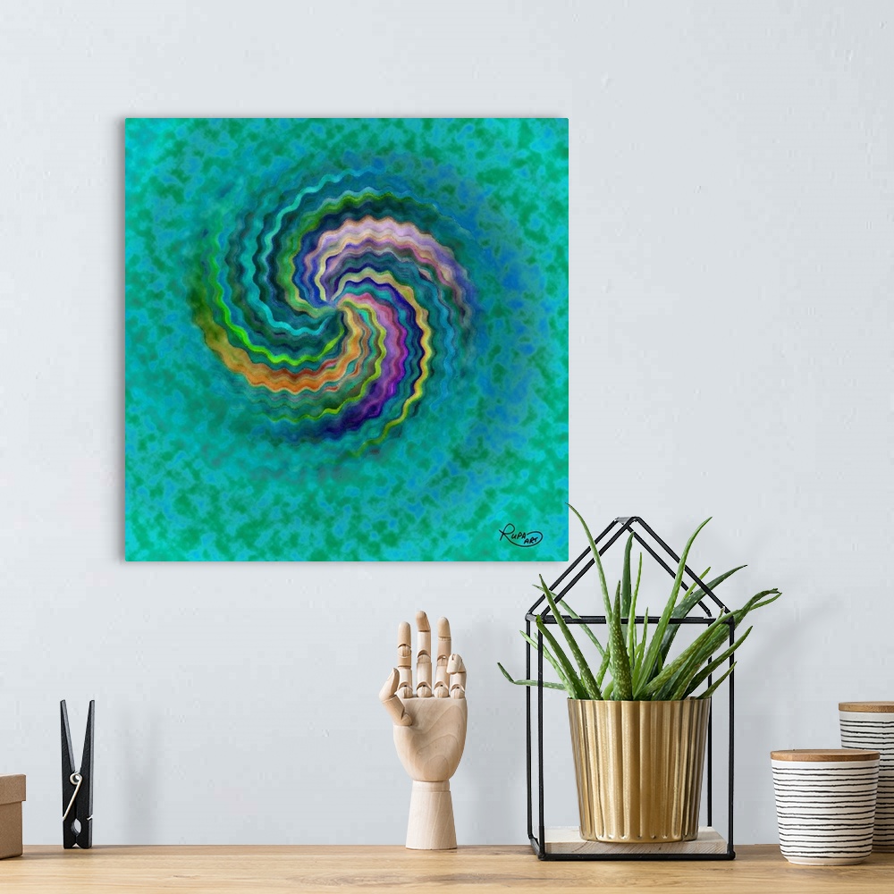 A bohemian room featuring Square abstract art with a wavy, colorful, lines forming together to create a spiral on a green a...
