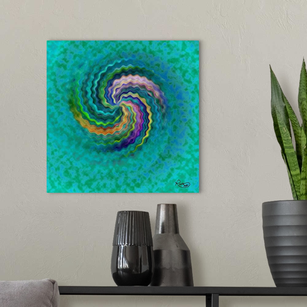 A modern room featuring Square abstract art with a wavy, colorful, lines forming together to create a spiral on a green a...