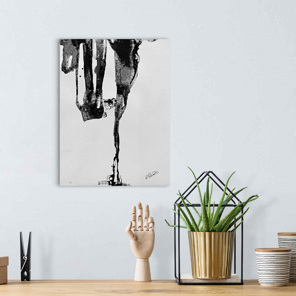 A bohemian room featuring Large black and white abstract painting with minimal brushstrokes that fall from the top to the b...