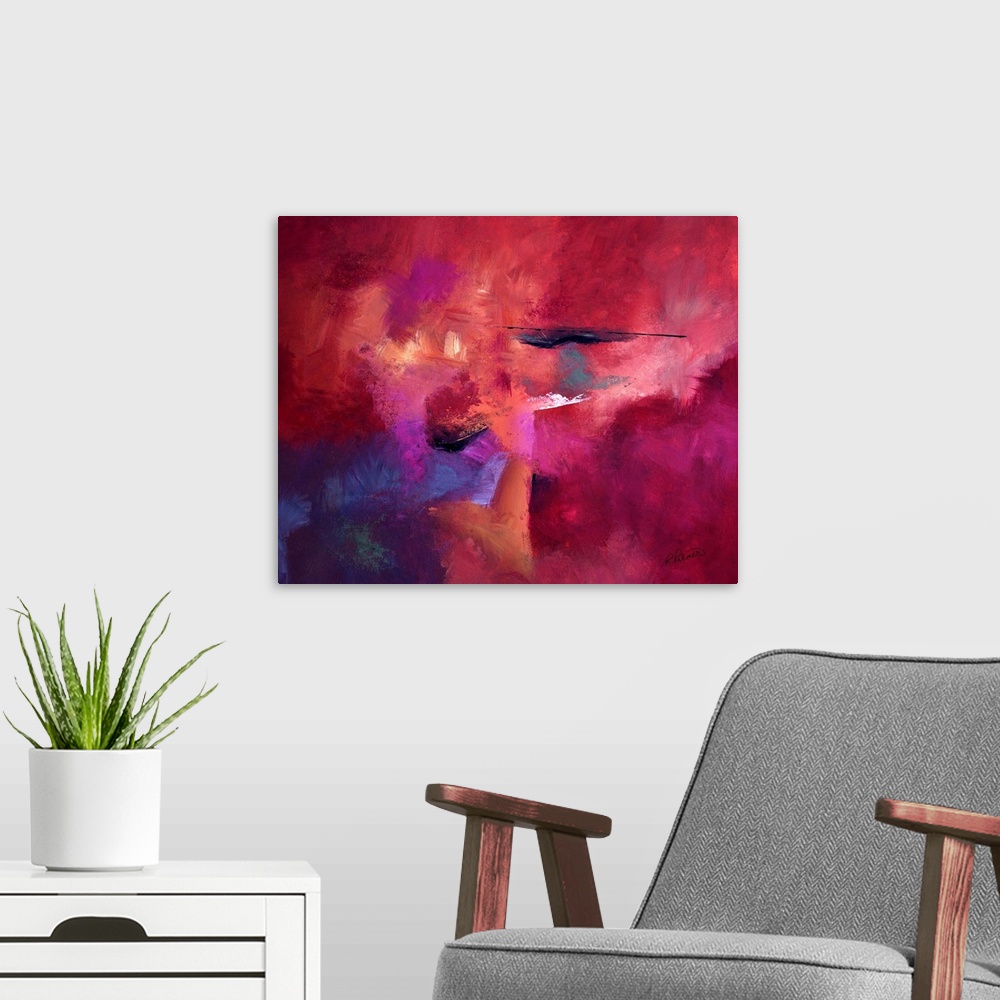 A modern room featuring Abstract painting with powerful and bright pink and red hues with hints of purple and black layer...