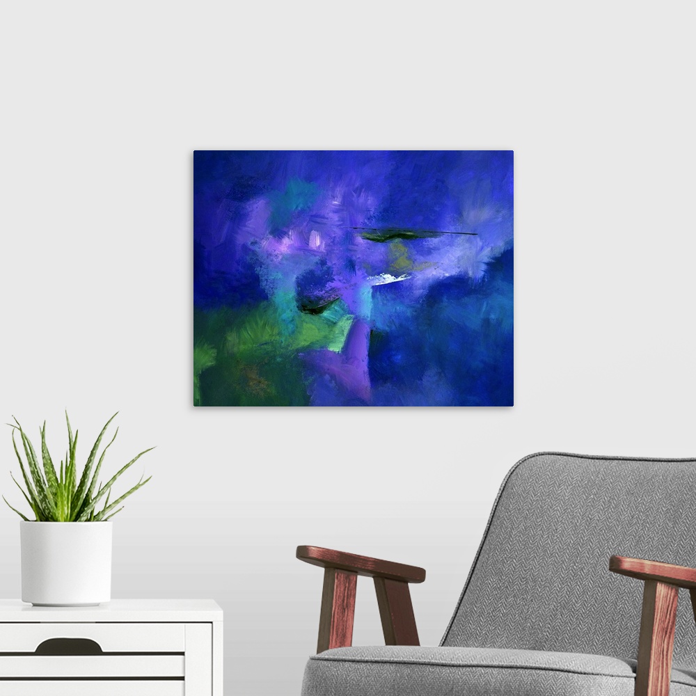 A modern room featuring Abstract painting with powering blue hues with hints of purple, green, and black layered on top.