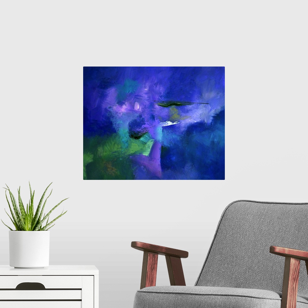 A modern room featuring Abstract painting with powering blue hues with hints of purple, green, and black layered on top.