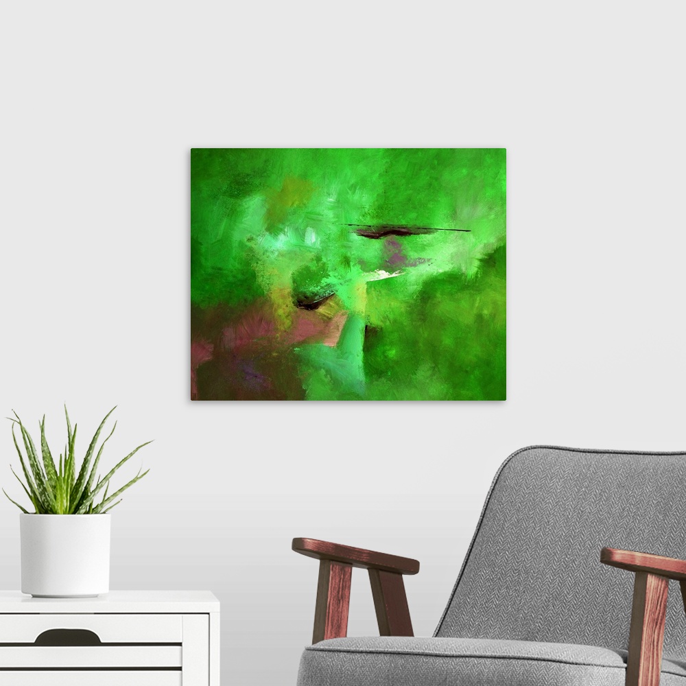 A modern room featuring Abstract painting with powering bright green hues with hints of pink, purple, yellow, and black l...