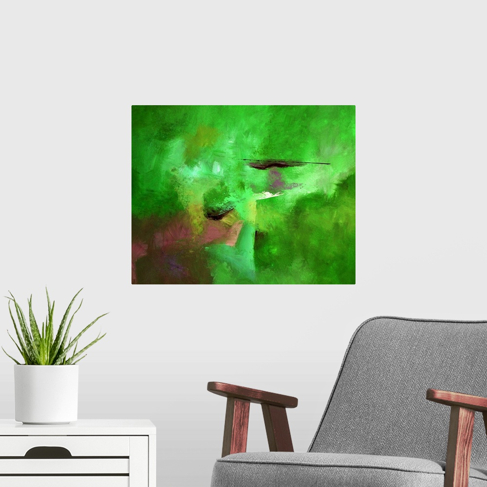 A modern room featuring Abstract painting with powering bright green hues with hints of pink, purple, yellow, and black l...