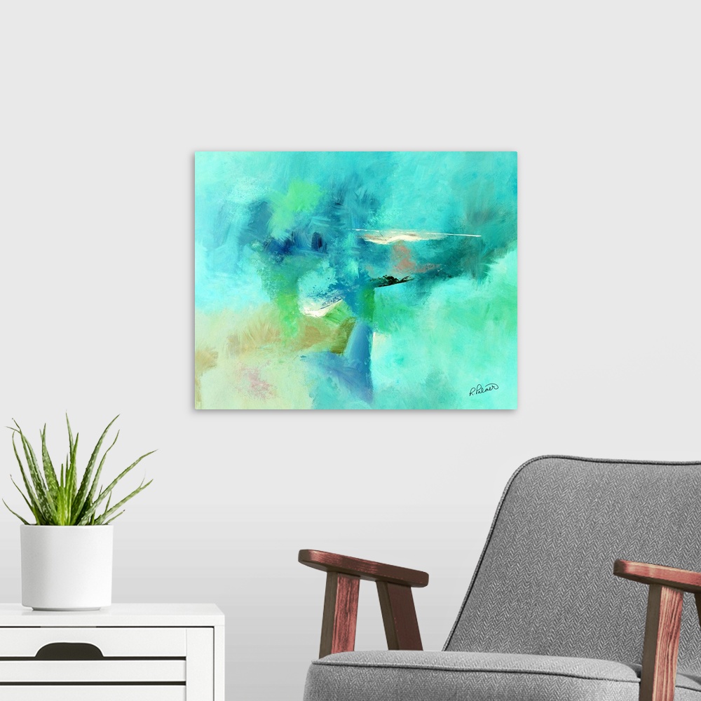 A modern room featuring Abstract painting created with shades of green and blue hues and hints of brown, black, and white.