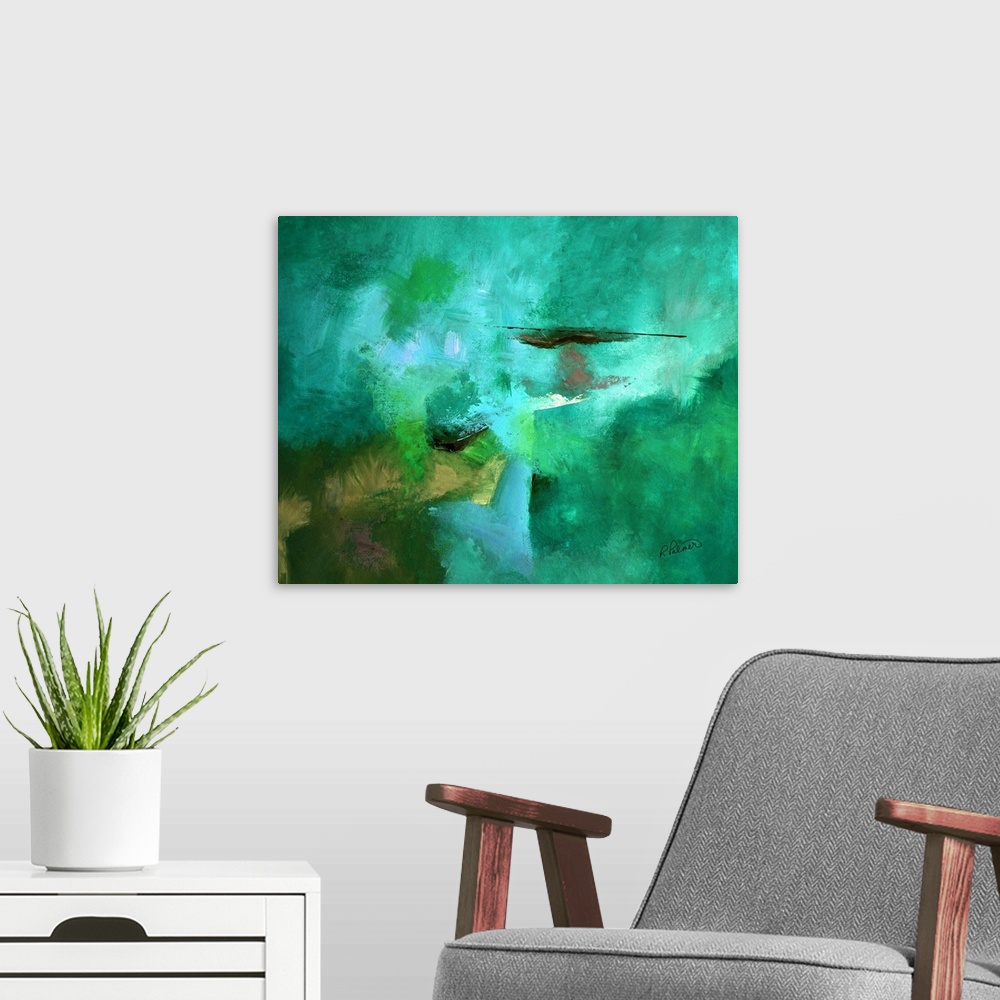 A modern room featuring Abstract painting with powerful teal hues throughout and hints of green, tan, and black layered o...