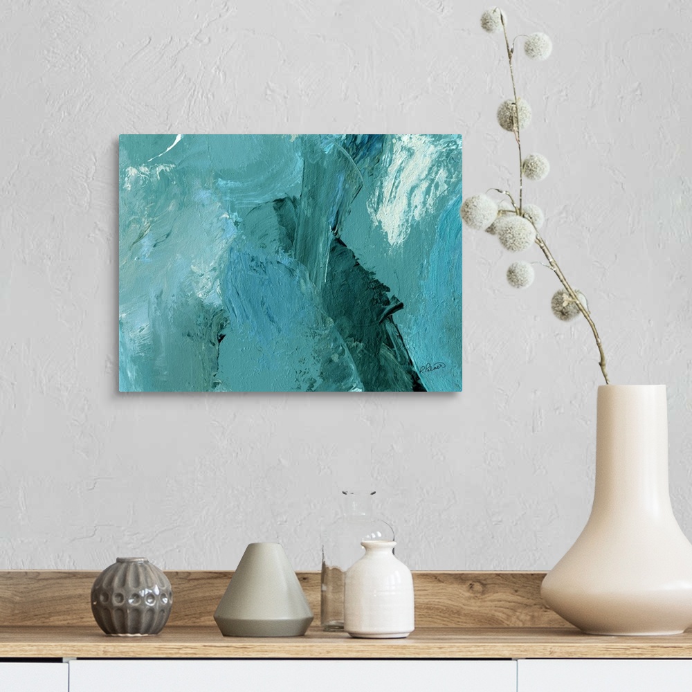 A farmhouse room featuring Abstract painting with layers of teal and hints of white.
