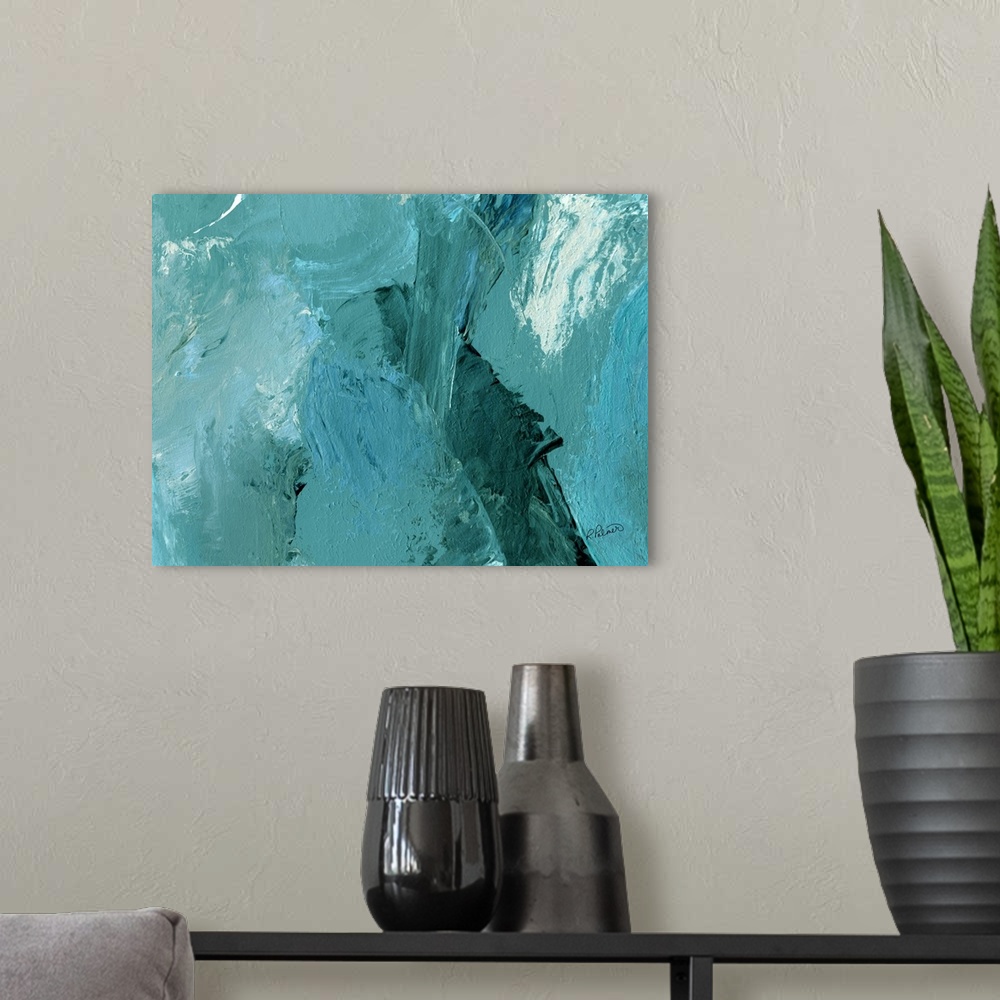 A modern room featuring Abstract painting with layers of teal and hints of white.