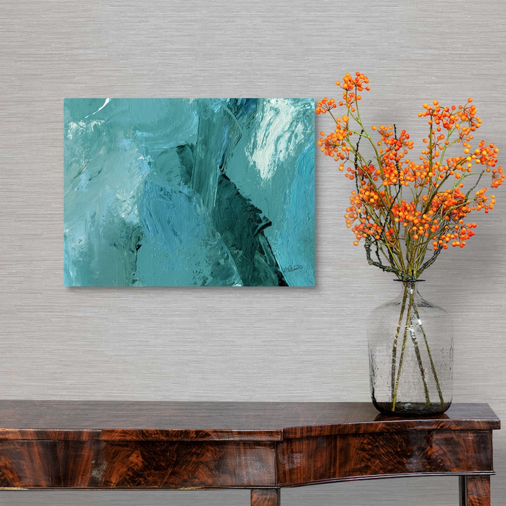 A traditional room featuring Abstract painting with layers of teal and hints of white.