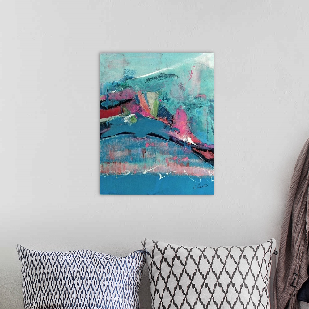 A bohemian room featuring Abstract contemporary artwork in turquoise tones with pink elements.