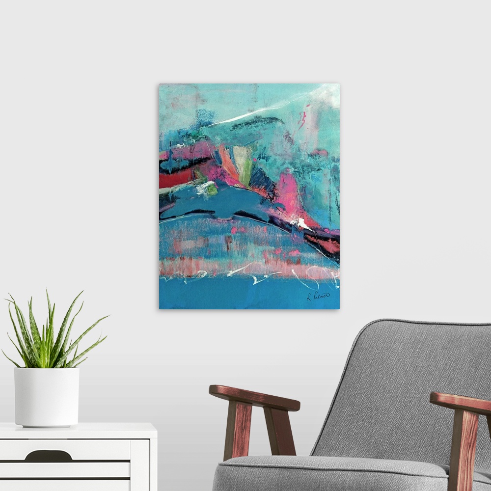 A modern room featuring Abstract contemporary artwork in turquoise tones with pink elements.