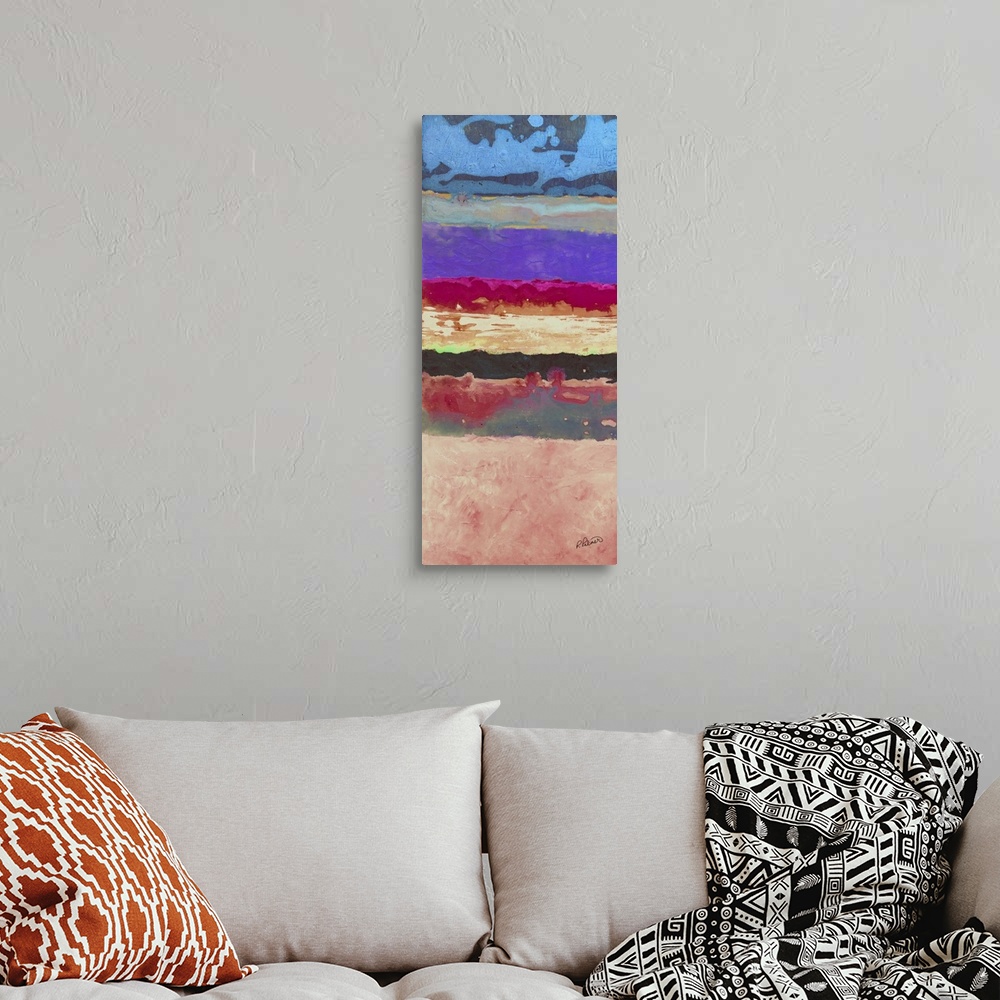 A bohemian room featuring Panel abstract painting with horizontal bands of color in shades of blue, purple, pink, gray, and...
