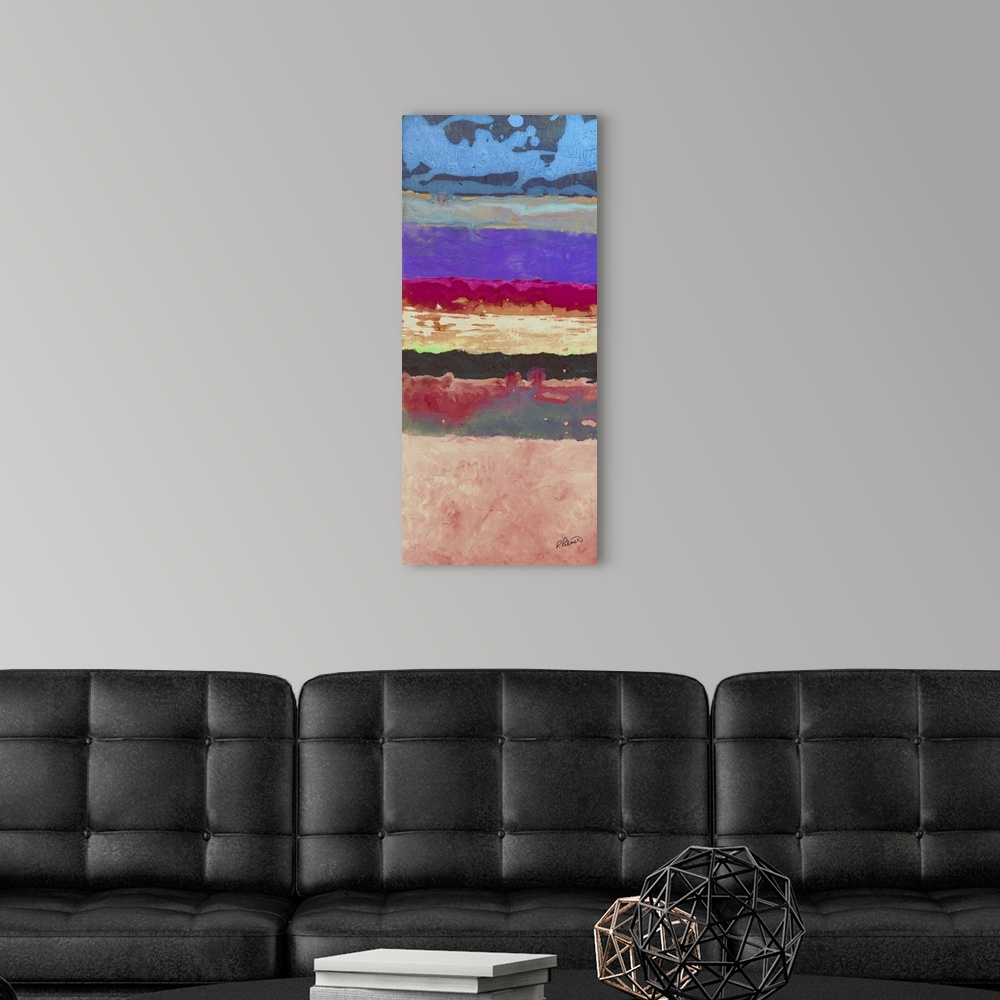 A modern room featuring Panel abstract painting with horizontal bands of color in shades of blue, purple, pink, gray, and...