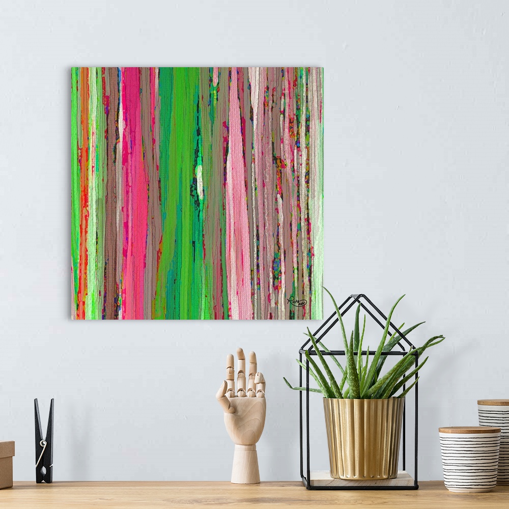 A bohemian room featuring Square abstract art with cracked, brightly colored, vertical lines side by side.