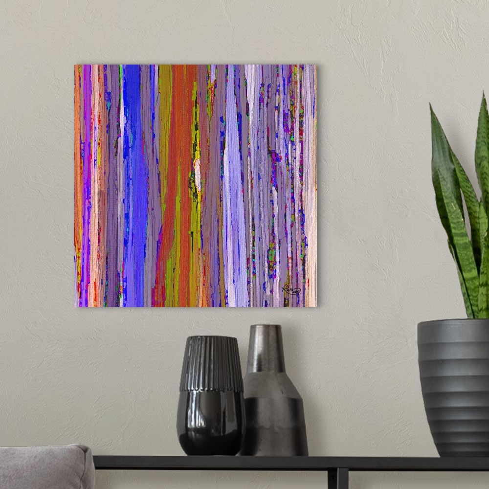 A modern room featuring Square abstract art with cracked, cool toned, vertical lines side by side.