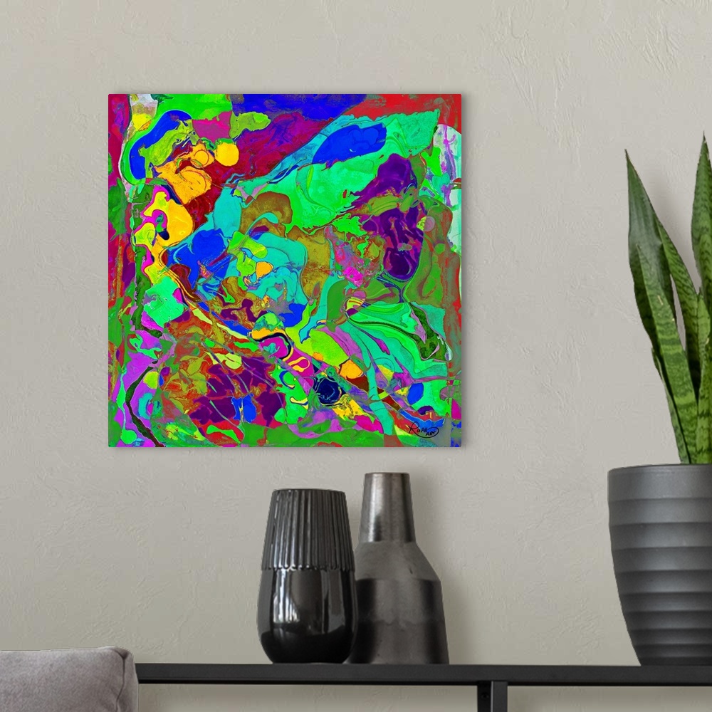 A modern room featuring Square abstract art with bright colors swirled and formed together.