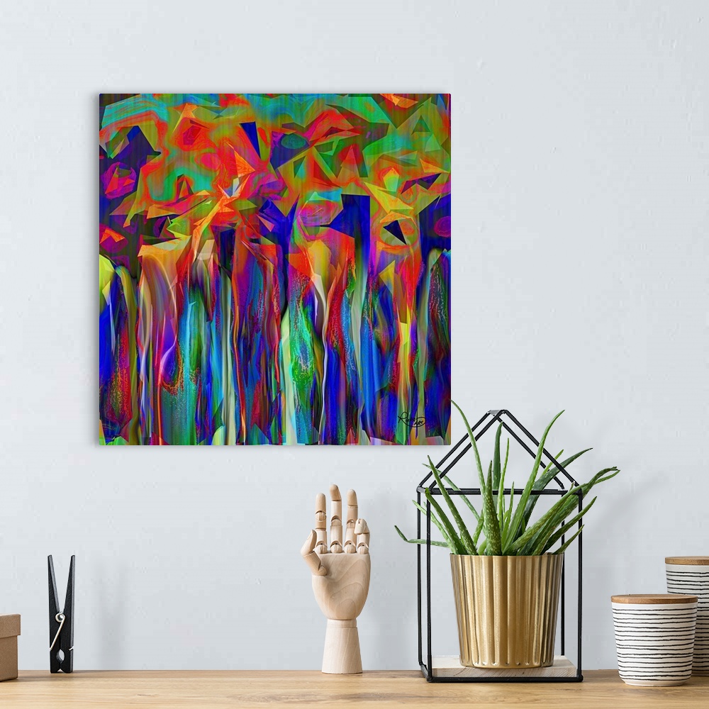 A bohemian room featuring Contemporary digital art in neon rainbow colors, resembling an abstract forest.