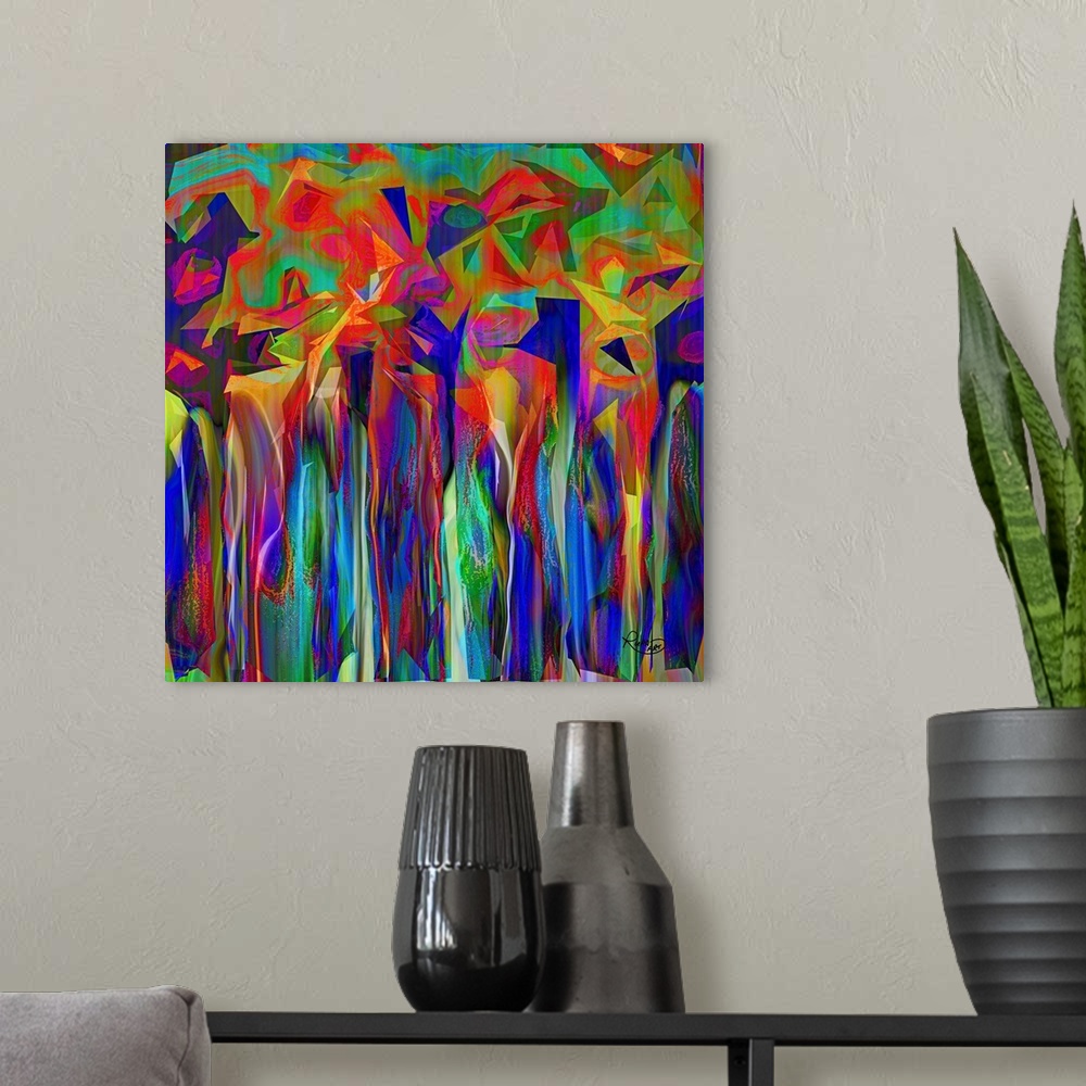 A modern room featuring Contemporary digital art in neon rainbow colors, resembling an abstract forest.