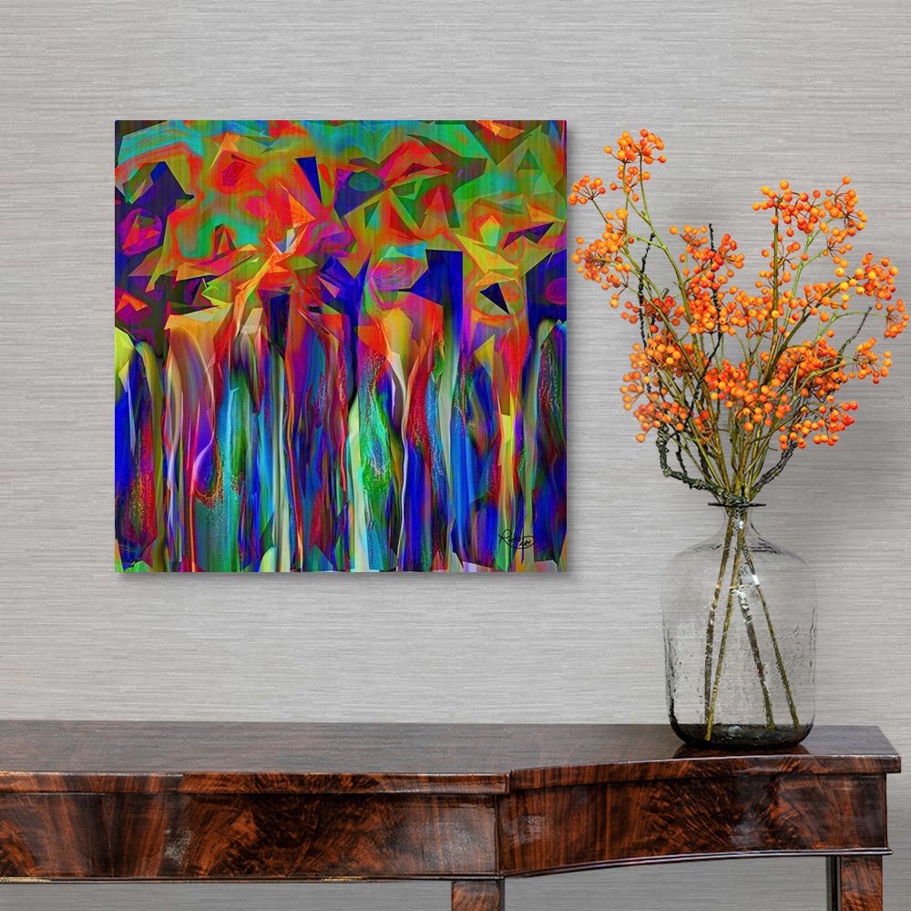 A traditional room featuring Contemporary digital art in neon rainbow colors, resembling an abstract forest.