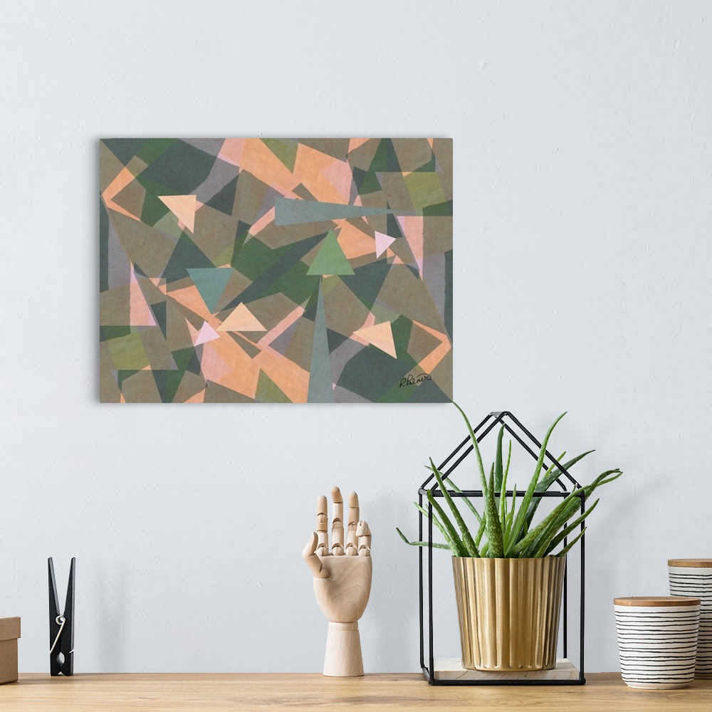 A bohemian room featuring Geometric abstract painting with triangles and other pointy shapes meshed together in shades of p...