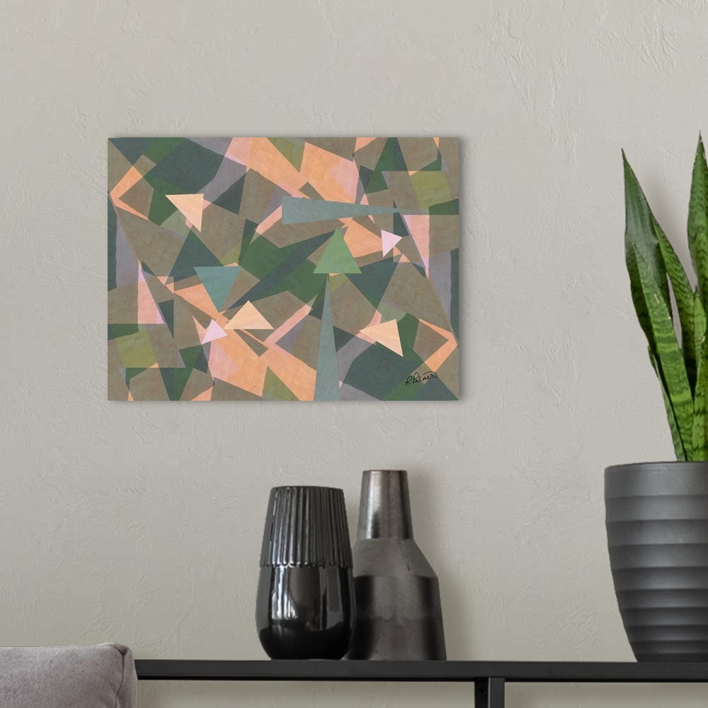 A modern room featuring Geometric abstract painting with triangles and other pointy shapes meshed together in shades of p...