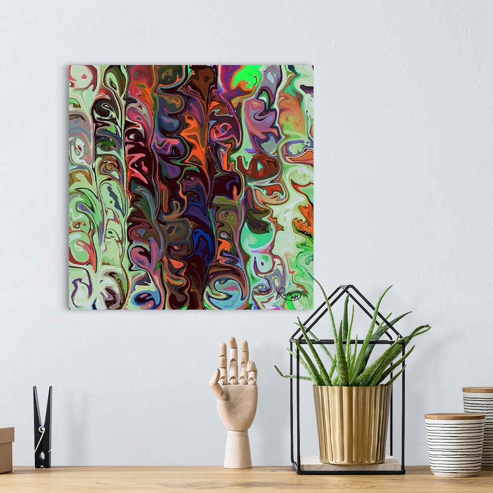 A bohemian room featuring Square abstract art with vertical wave-like patterns of various colors meshed together.