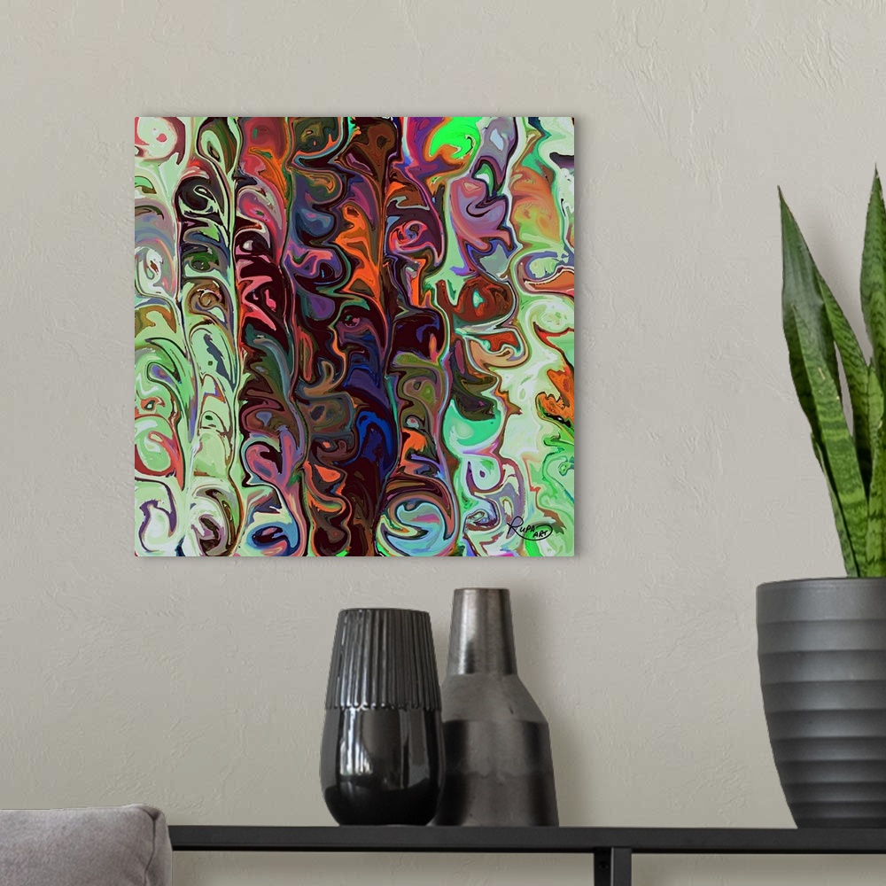 A modern room featuring Square abstract art with vertical wave-like patterns of various colors meshed together.