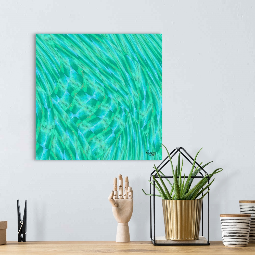 A bohemian room featuring Square abstract painting in textured brush strokes of blue and green.