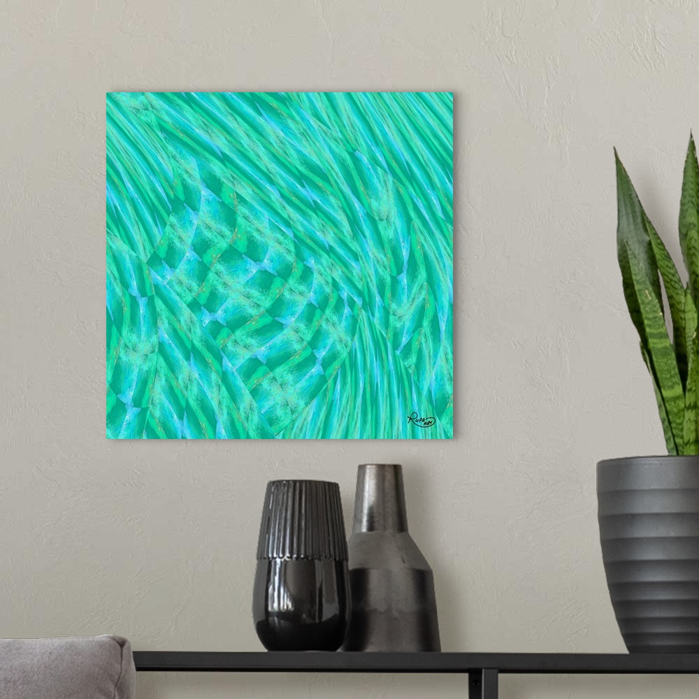 A modern room featuring Square abstract painting in textured brush strokes of blue and green.