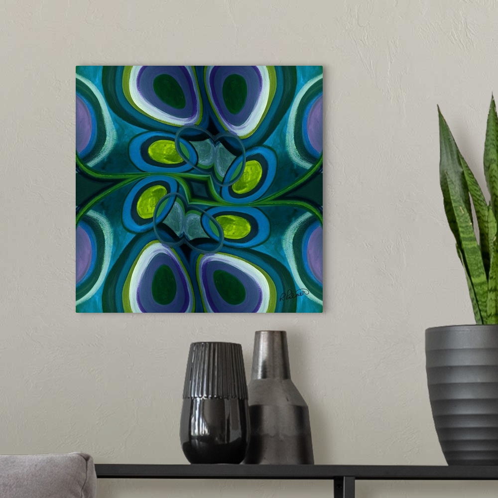A modern room featuring Square abstract painting with circular style shapes in shades of blue, green and purple.