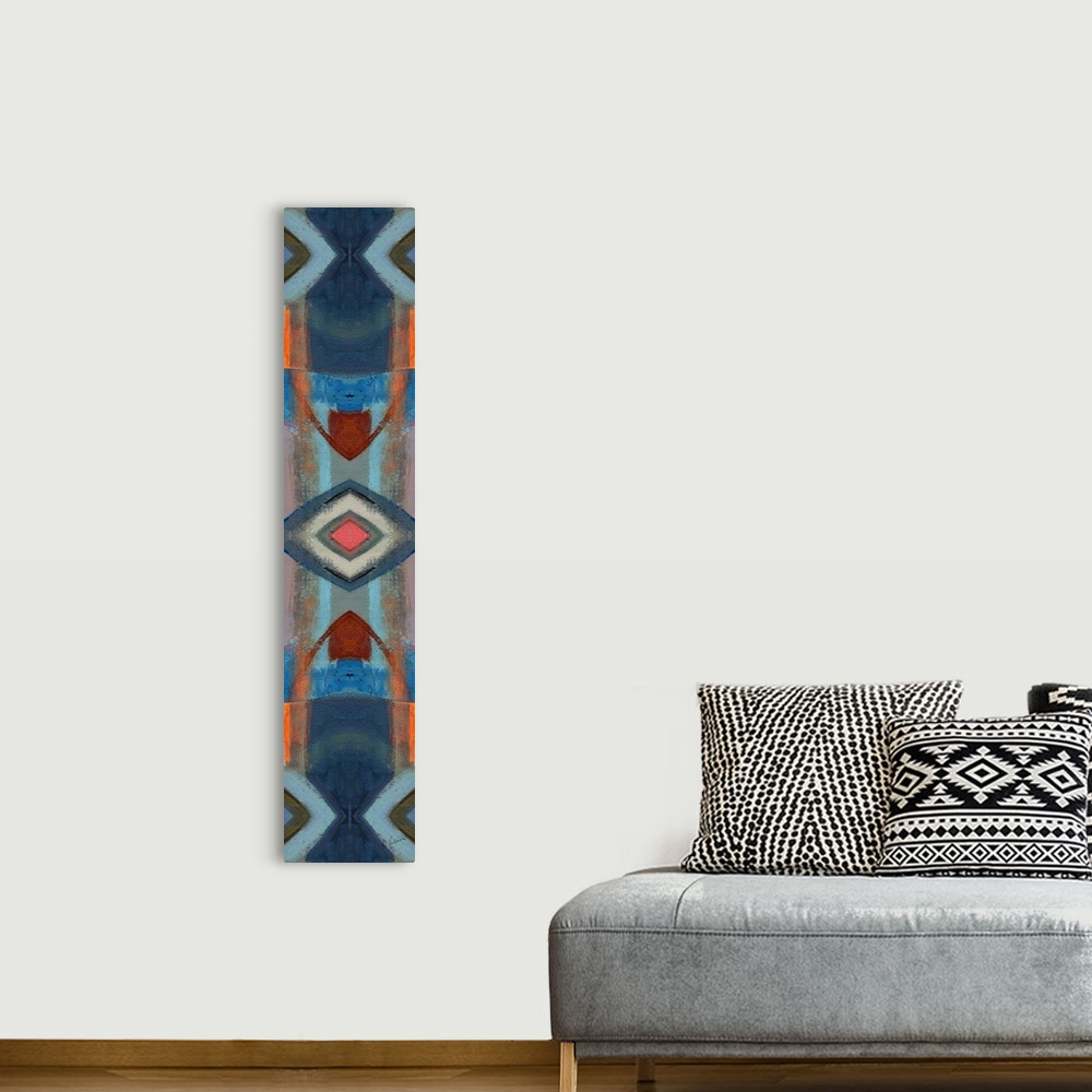A bohemian room featuring Abstract contemporary painting resembling a kaleidoscopic image, creating geometric forms.