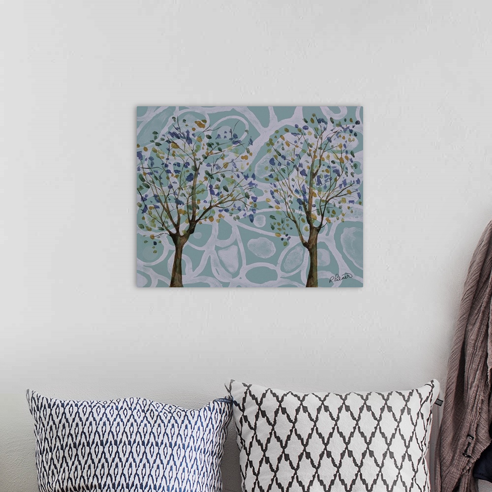 A bohemian room featuring Two Little Trees On A Patterned Background