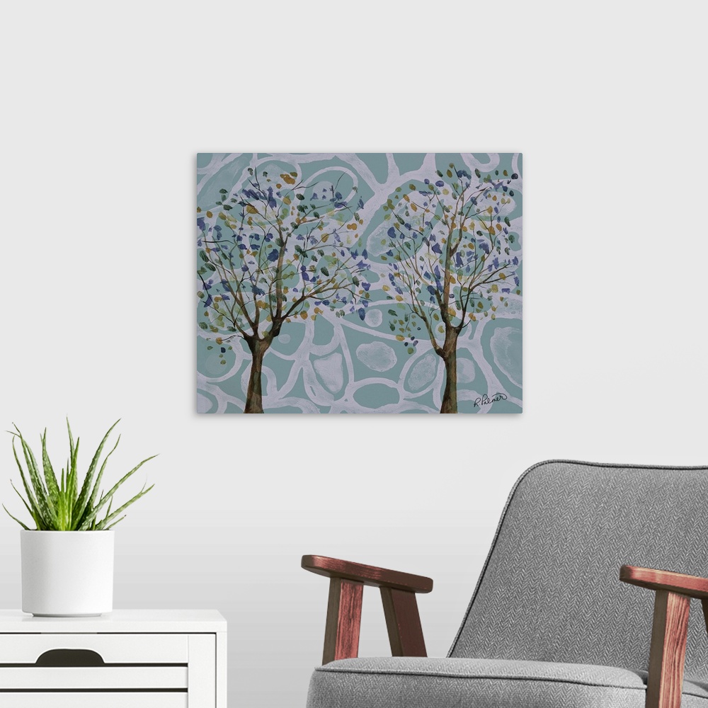 A modern room featuring Two Little Trees On A Patterned Background