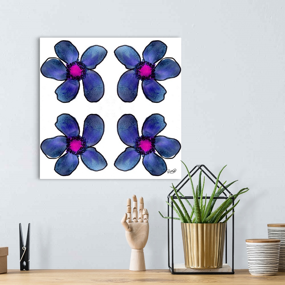 A bohemian room featuring Square watercolor painting of four blue flowers.
