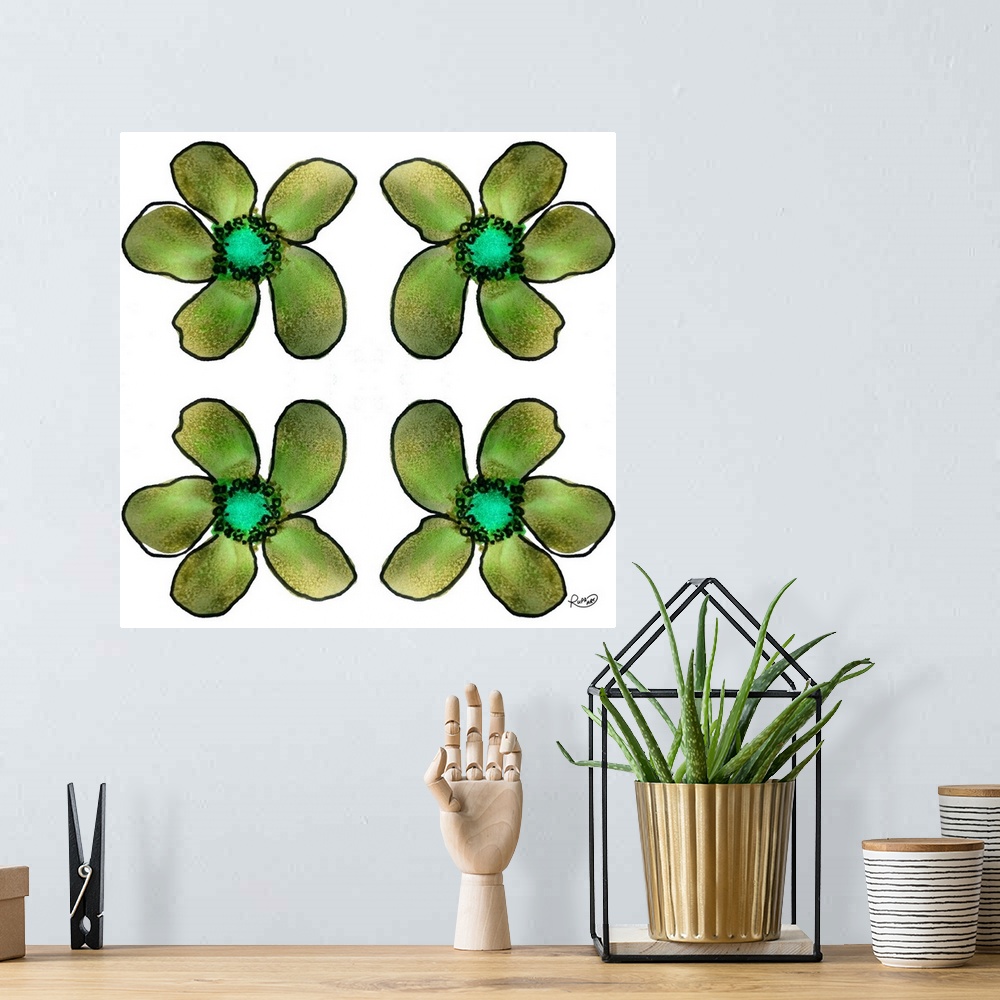 A bohemian room featuring Square watercolor painting of four green flowers.
