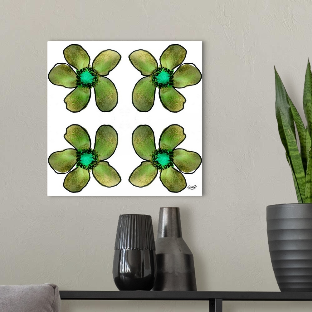 A modern room featuring Square watercolor painting of four green flowers.