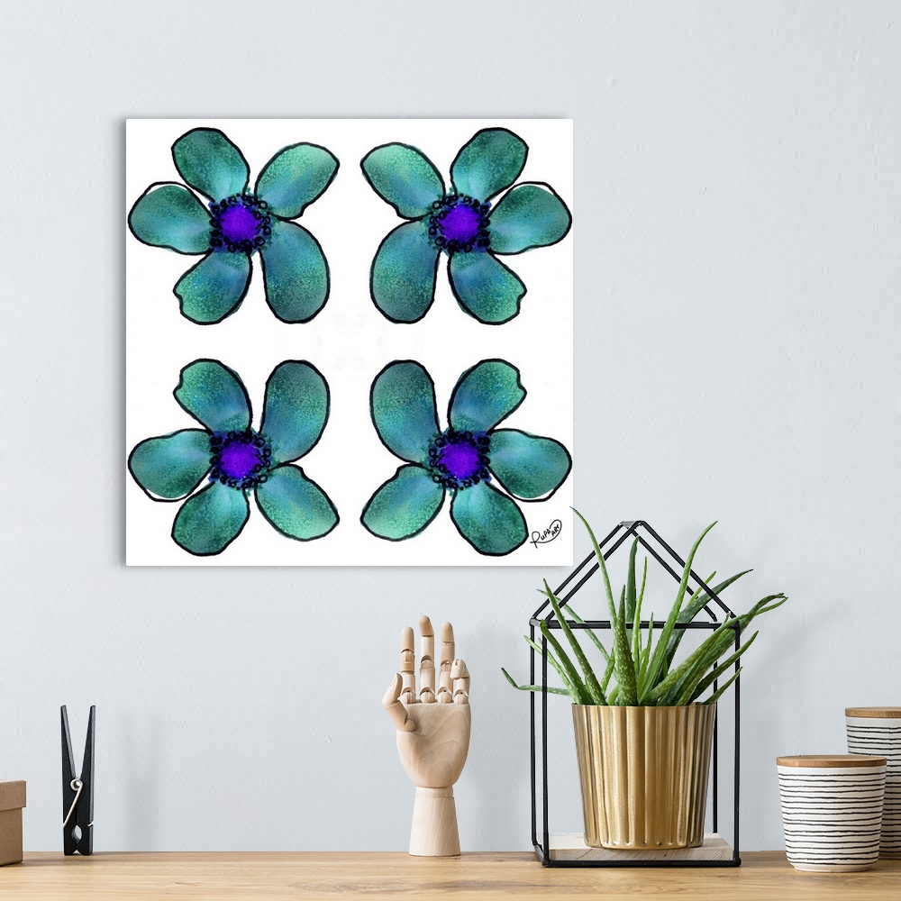 A bohemian room featuring Square watercolor painting of four teal flowers.